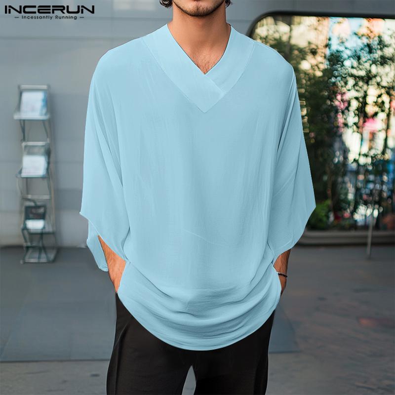 INCERUN Summer Men's Batwing Sleeve Semi-Sheer Chiffon Casual Oversized T-Shirts