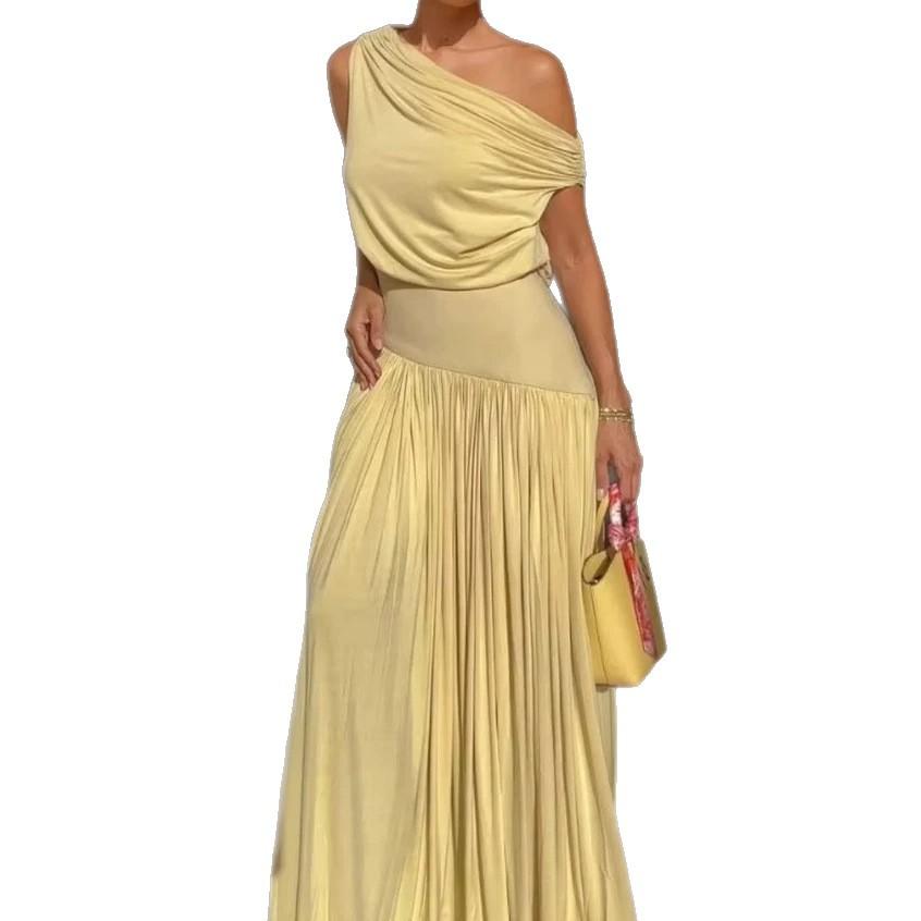 Fashion Casual Sexy Style Irregular Slant Neck Pleated Solid Color Dress Seaside Vacation Dress