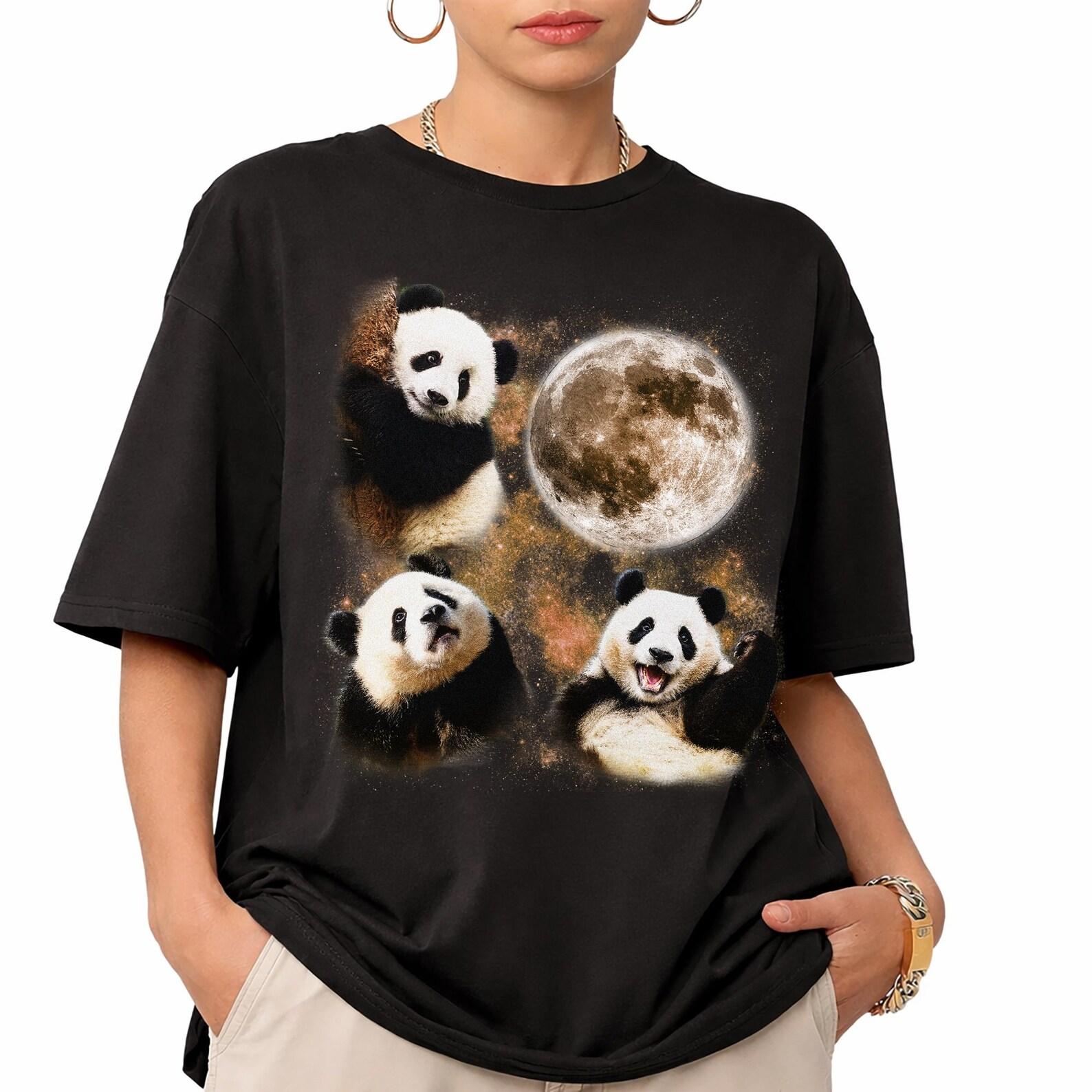 Three Pandas Moon Graphic Tee, Retro Wildlife Bear Shirt S