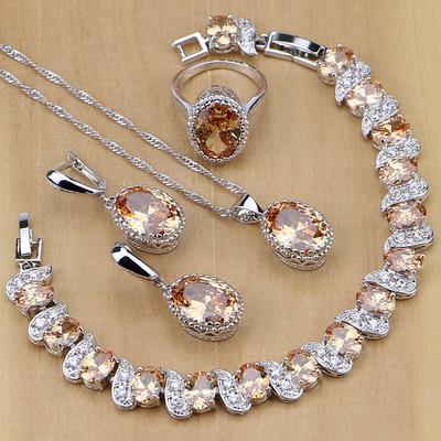 Silberfarbener Brautschmuck, Champagner-Stein-Schmucksets für Frauen, Ohrringe/Halskette/Ringe/Armband