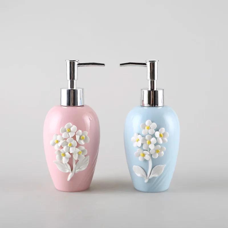 330ml Ceramic Lotion Bottle Stereoscopic Relief Flower Sub Bottle Pink Blue Small Fresh Simple Hand Sanitizer Soap Dispenser