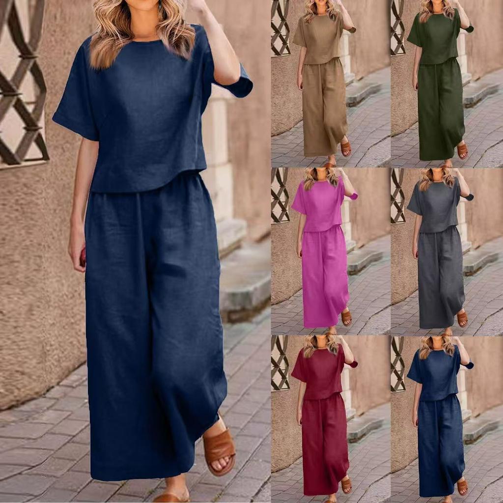 2026 New Loose Solid Color Short-sleeved Wide-leg Pants Set Women's Summer Casual Fashion Two-piece Set Cross-border Belly Cover