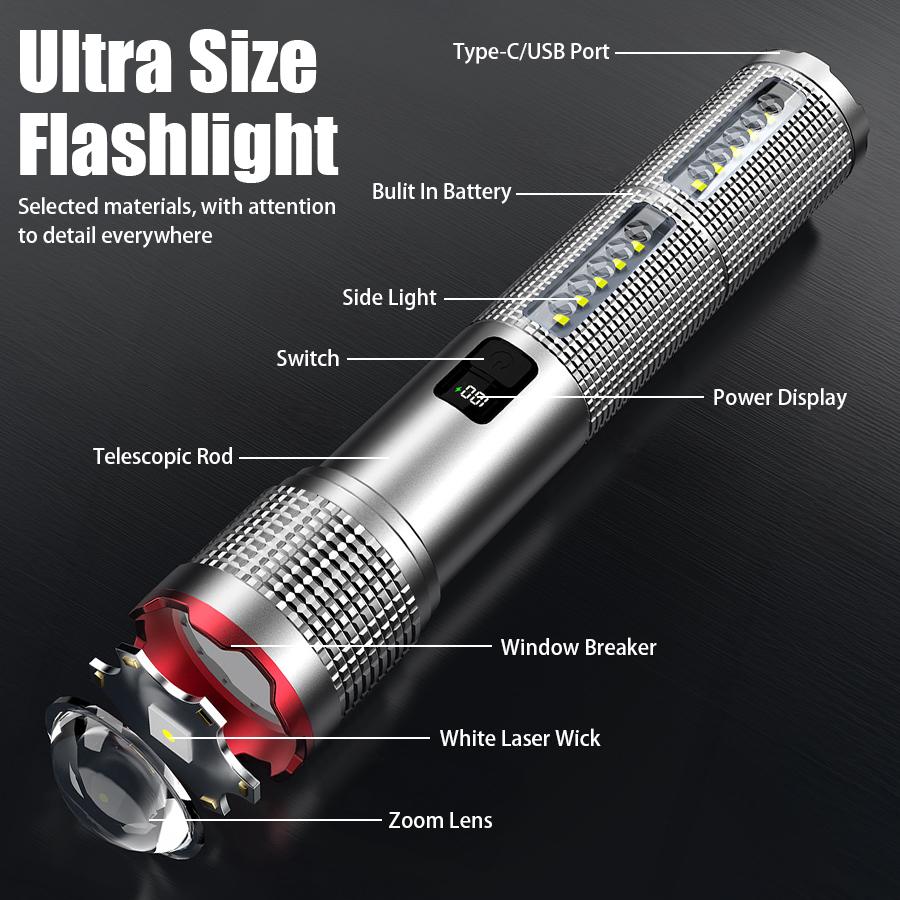 High Power LED Flashlight USB C Rechargeable Powerful Torch, Tactical Zoom Handheld Flashlight Outdoor Camping Emergency Lantern