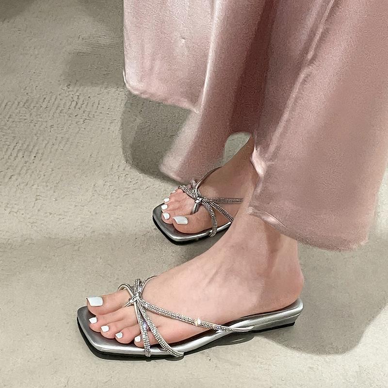 Fashion temperament silver fairy style low heel one-word slippers women's summer wear 2025 new with skirt cool slippers