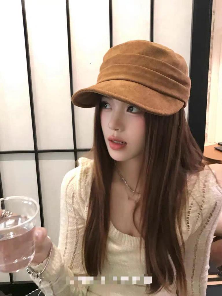 Korean Hot Style Suede Octagonal Equestrian Cap for Women - Slimming, Versatile Spring/Autumn Duckbill Design