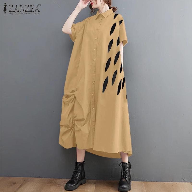 ZANZEA Dámské ležérní košilové šaty s krátkým rukávem, volného střihu, s patworkovým designem a límečkem