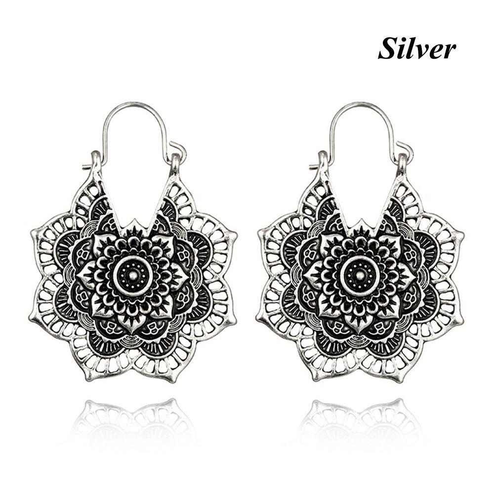 Antique Tribal Gypsy Dangle Ear stud Floral Earring Hollow Out Mandala Flower Pendant
