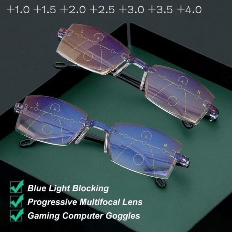 Rimless Progressive Multifocal Reading Glasses with Anti-blue Light and Diamond-cut Design
