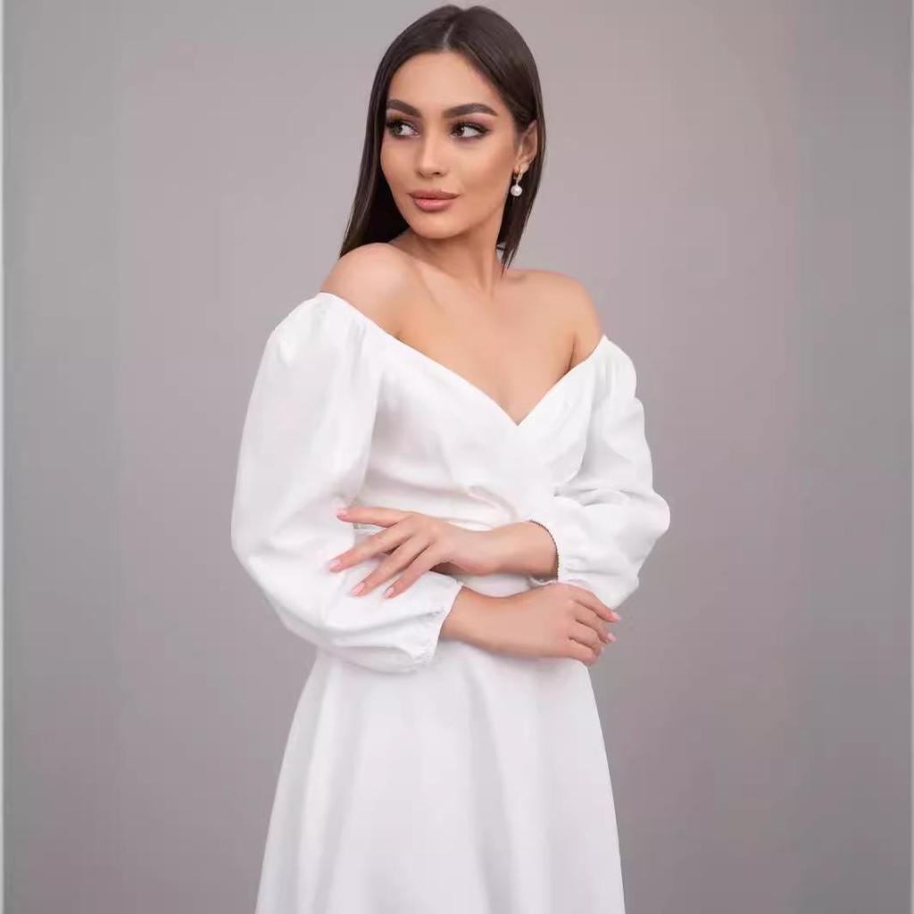 Spring V-Neck Waist-Cinching Puff Sleeve Dress with Pockets for Women