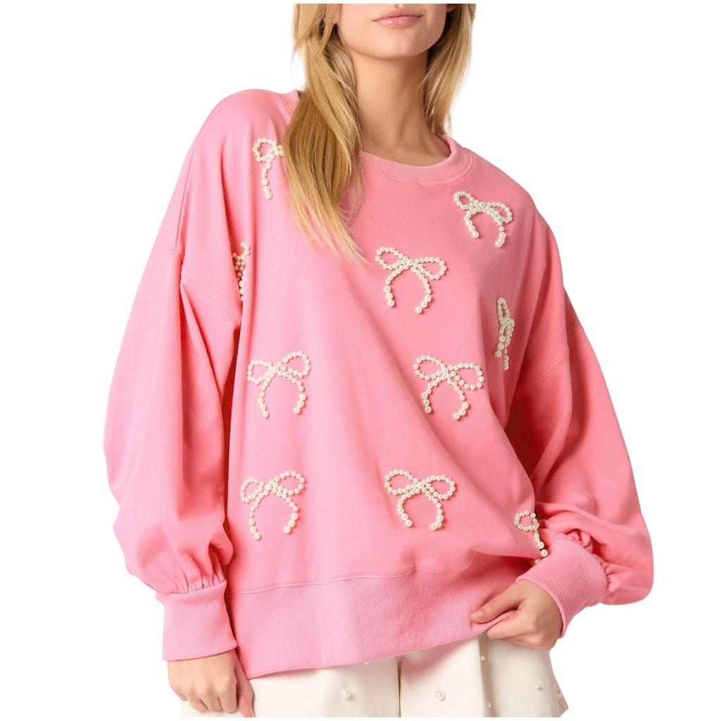 Women's Solid Color Pearl Bow Long Sleeved Top Sweatshirt