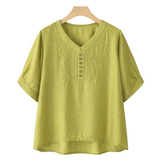 

Women Tops V-Neck Embroidery Flower Pattern Short Sleeve Pullover Tops Loose Fit Pure Color Summer T-shirt XL жовтий
