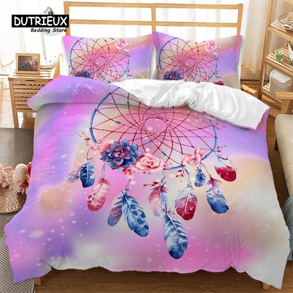 Traumfänger Bettbezug Set 2/3-teilig King Boho Bettwäsche Set Mikrofaser Federmuster Böhmischer Bettdeckenbezug mit Kissenbezügen