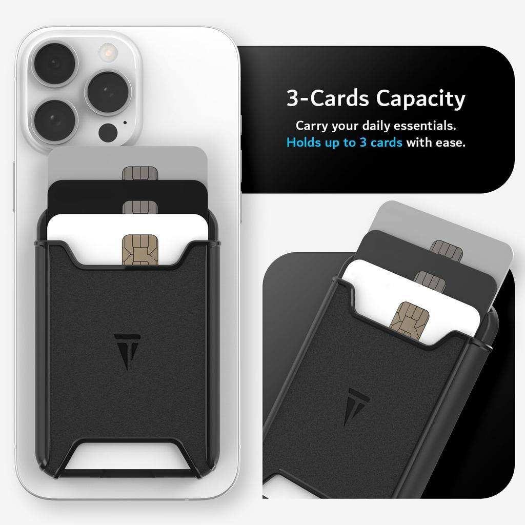TUDIA MagSafe Compatible Card Case [Holds 3 Cards] Ultra-Thin Tough PC Wallet with Strong Magnetic Hold (Black)