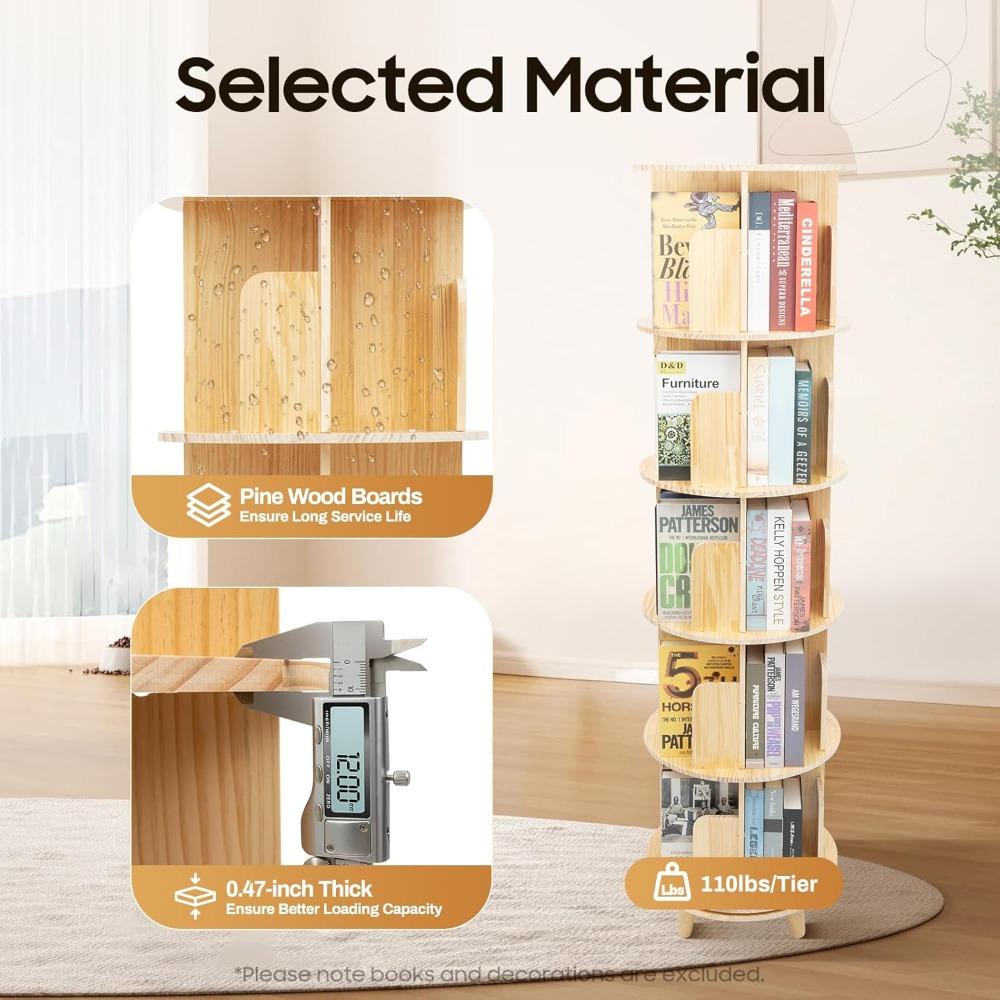Rotating Bookshelf 360 Degree Display Floor Standing Bookcase Storage Rack Book Display Stand W/ 5 Tiers, Wood Book Shelf