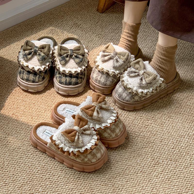 Mode Damen Wintermode Schmetterlingsknoten Hausschuhe Damen Warme Flache Freizeitschuhe Weiblich Weich Outdoor Vielseitig Schleife Schuhwerk