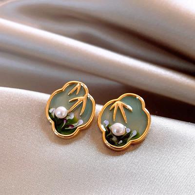 Leaf Oil Drop Pearl Stud Earrings French Monet Style Design Earrings Light Luxury High Temperament Earrings Women