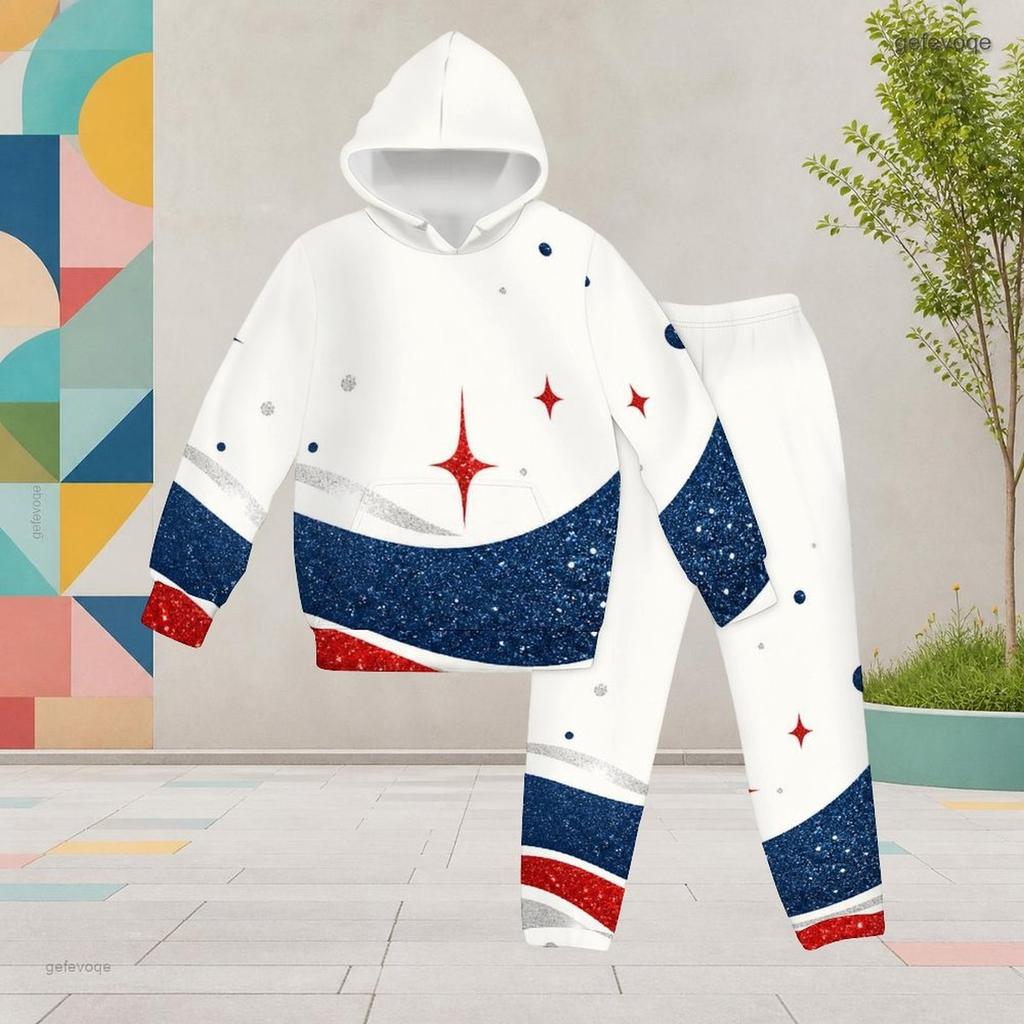 Girls Hooded Long Sleeve Star Printed Two Piece Set Red Blue White Kangaroo Pocket Cuffed Pants