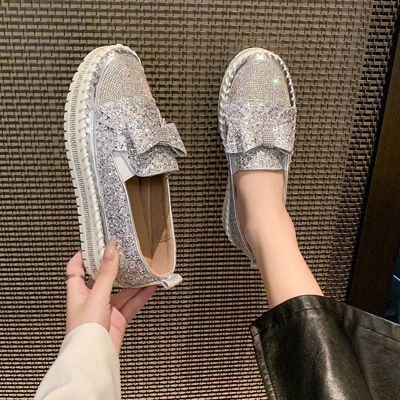 Flat-bottomed Thick-soled Single Shoes Women's Spring New One-pedal Colored Rhinestone Bow Student Lazy Casual Shoes