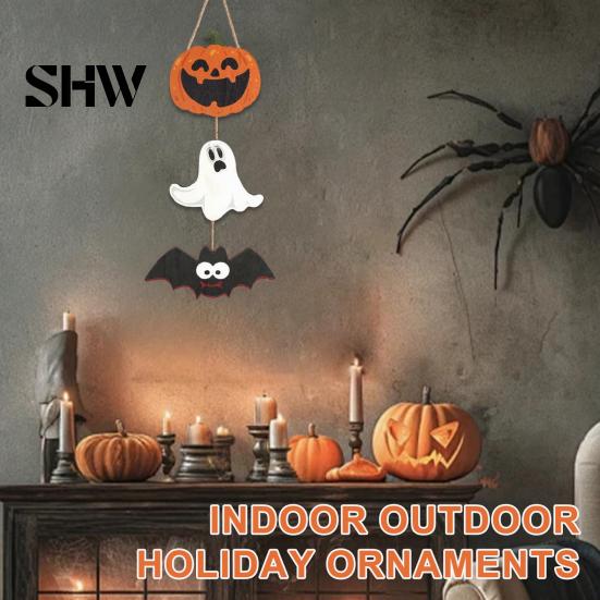 Funny Cartoon Party Wall Decorations Halloween Wooden Hanging Ornament, Jack-o'-Lantern Ghost Bat 3-Tier String Door Hanger, Cute Spooky Festival
