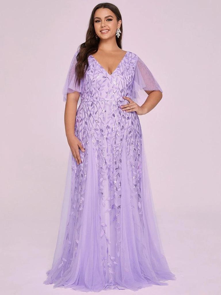 Plus Size Embroidered Sequin Evening Gown with Ruffle Sleeves and Fishtail Skirt