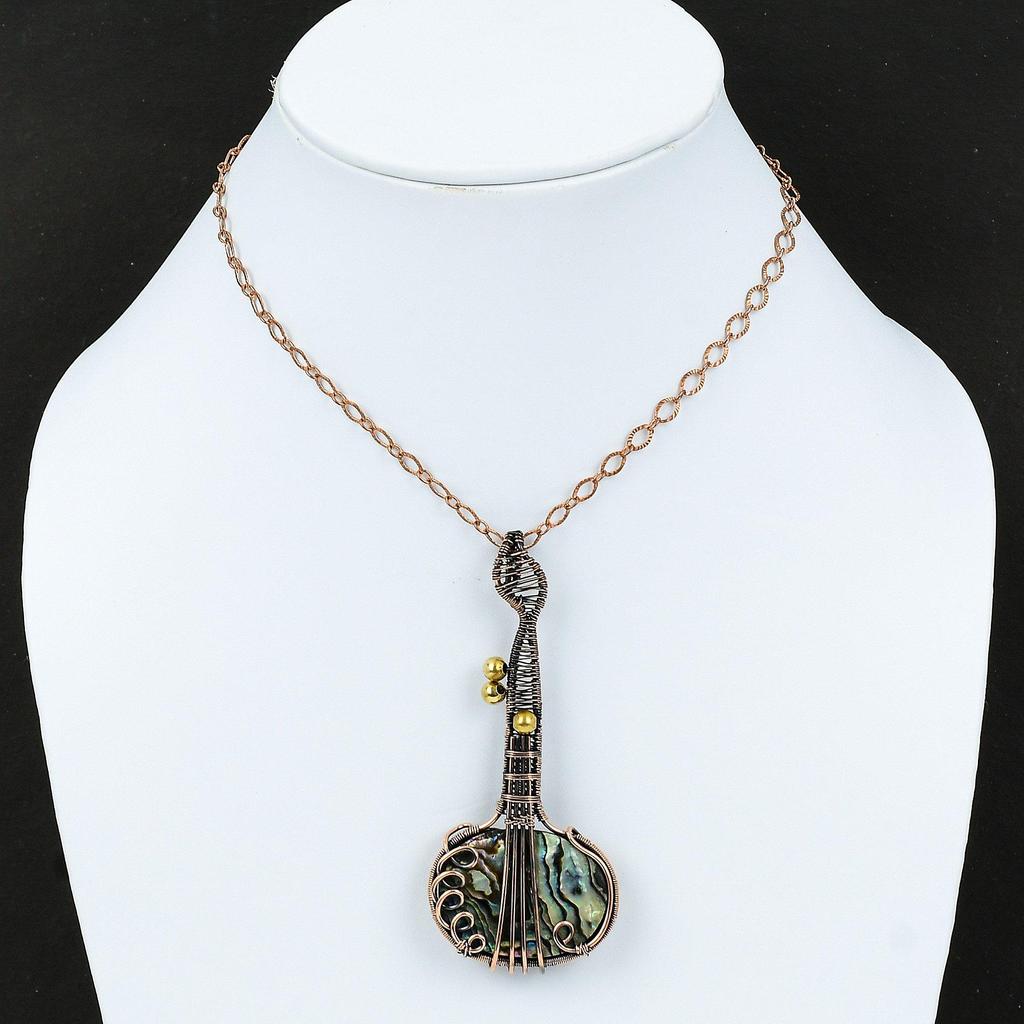 Abalone Shell Pendant Copper Wire Wrapped Pendant Gemstone Jewelry Guitar Design Pendant Gift For Mother Handmade Pendant Copper Jewelry