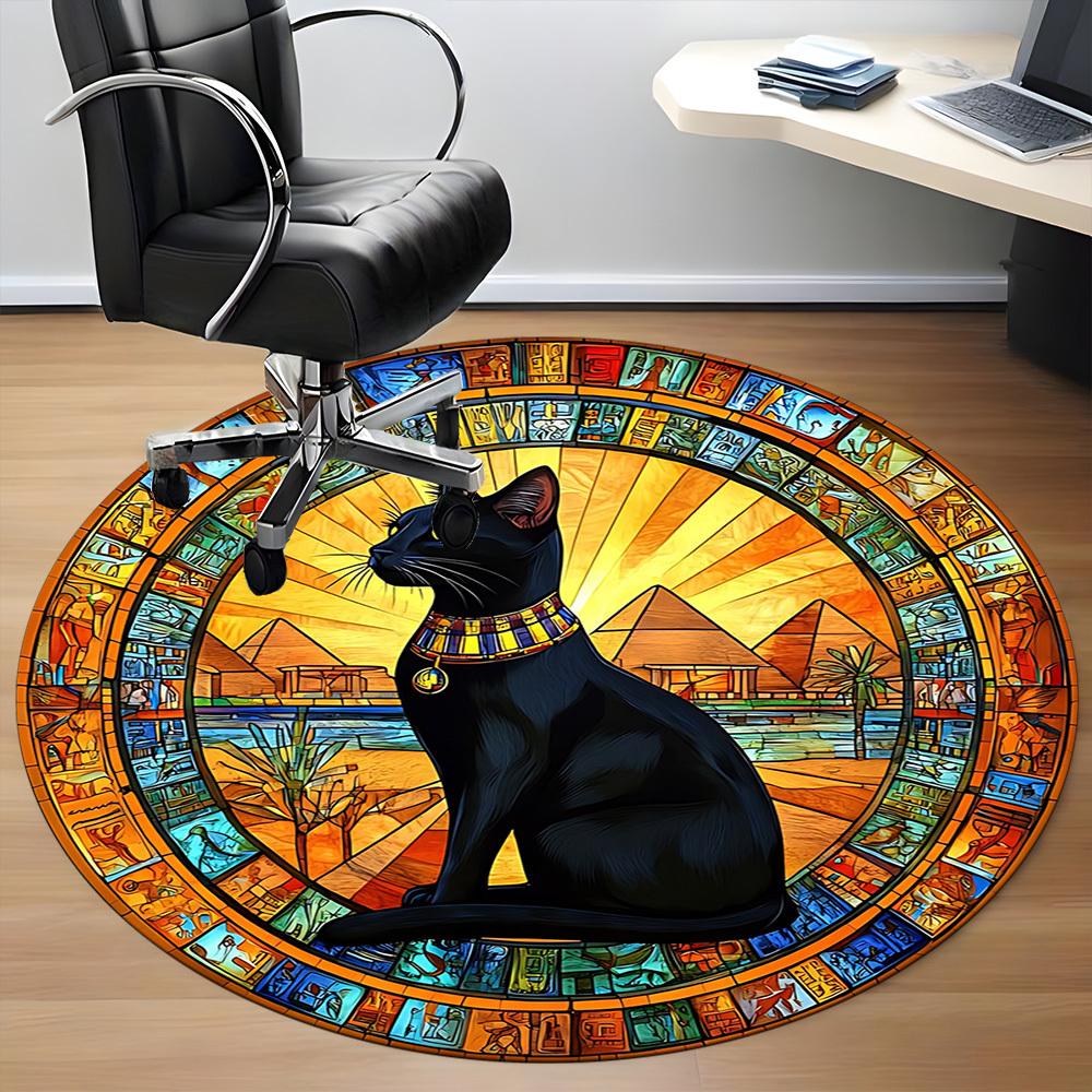 1pc Egyptian Cat Office Round Area Rug, Indoor Mat Suitable For Office, Under Office Chairs Bedroom Living Room Home Decor, Room Deco
