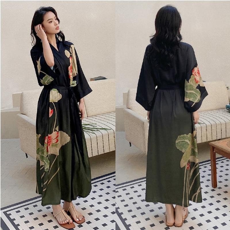Spring Summer Long Robe Nightgown Sexy Print Flower Bathrobe Gown Casual Silk Satin Home Dress Lounge Wear