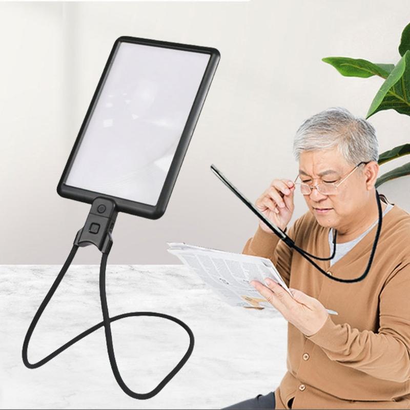 4X Large Magnifier with 3 Brightness 43 LED Light Rechargeable for Reading Books or Crafting, Neckwear and Desktop Mode