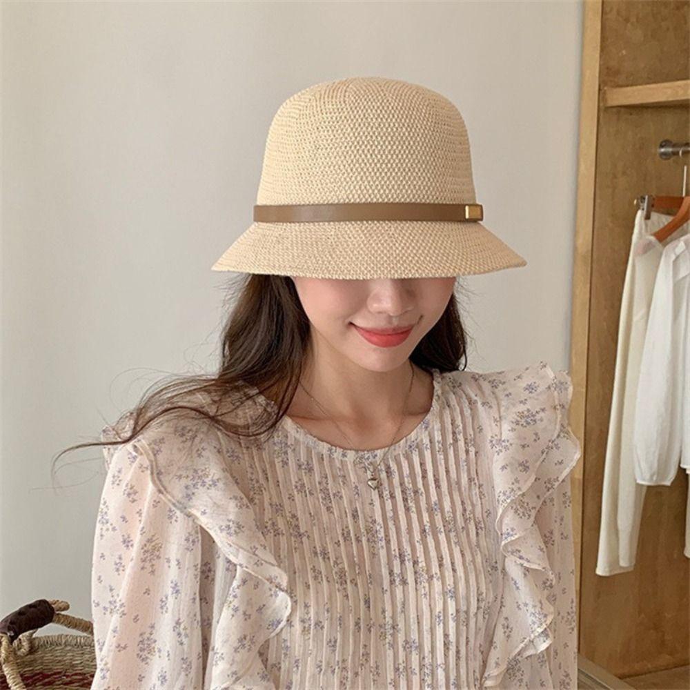 PU Leather Belt Women Sunscreen Hats Wide Brim Outdoor Straw Hats Korean Summer Bucket Hats  Girls