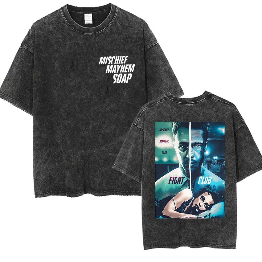 Vintage Washed Tyler Durden Fight Club Graphic T Shirt Mens High Quality Oversized Cotton Tshirts Yk Gothic Clothing Tshirt