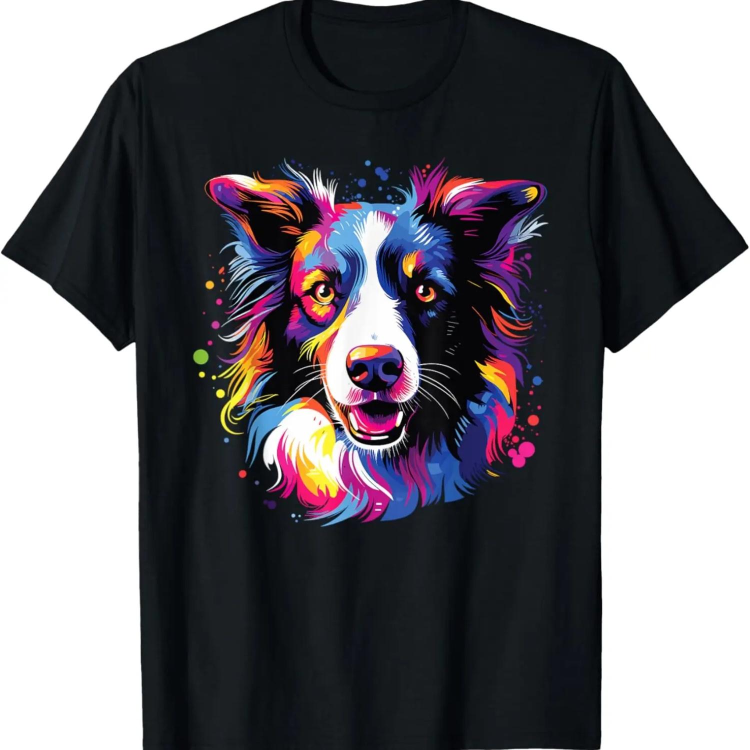 Watercolor Colorful Border Collie Dog T-Shirt S чёрный