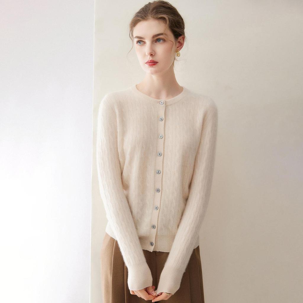 Women's Pure Cashmere Cardigan - Round Neck, Solid Color, Loose Fit, Long Sleeve Knit Sweater