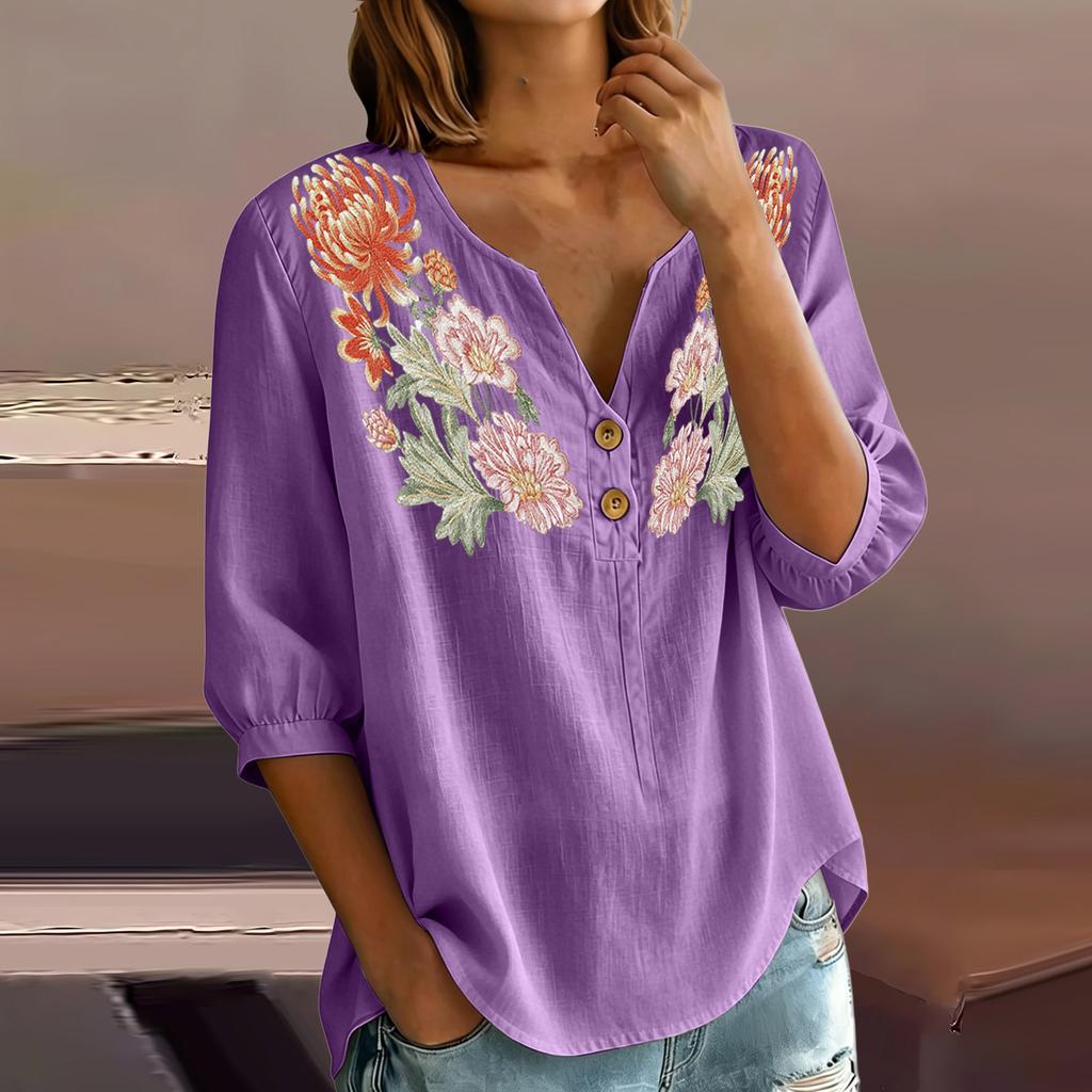 Damen Blumenstickerei Henley-Kragen Knopfleiste Hemd Dreiviertelarm Baumwolle Leinen Oberteil Lässige Bluse