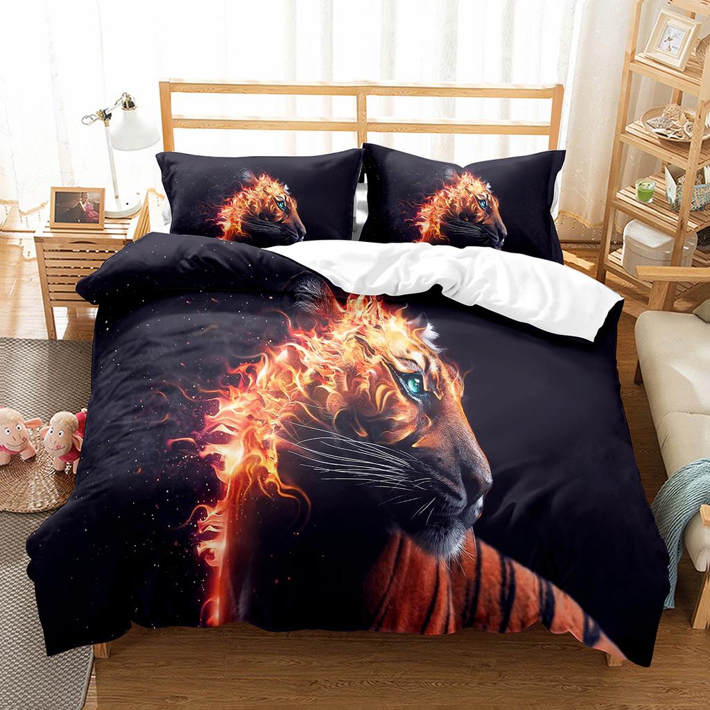 Tiger Duvet Cover Set Purple Flower Comforter Cover Boys African Safari Wild Animals Big Cat Queen King Polyester Quilt Cover