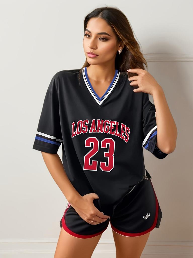 Women's Loose Stripe Trim Sports T-Shirt