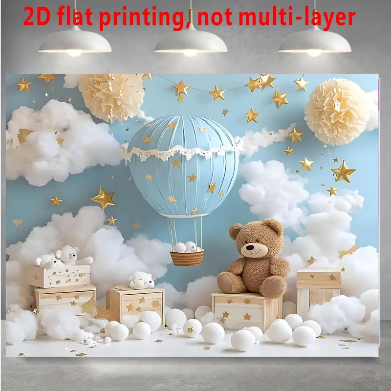 2D Hot Air Balloon Teddy Bear Backdrop Blue Sky Cloud Gender Reveal Party Decoration 47.2x31.5inch/120*80cm