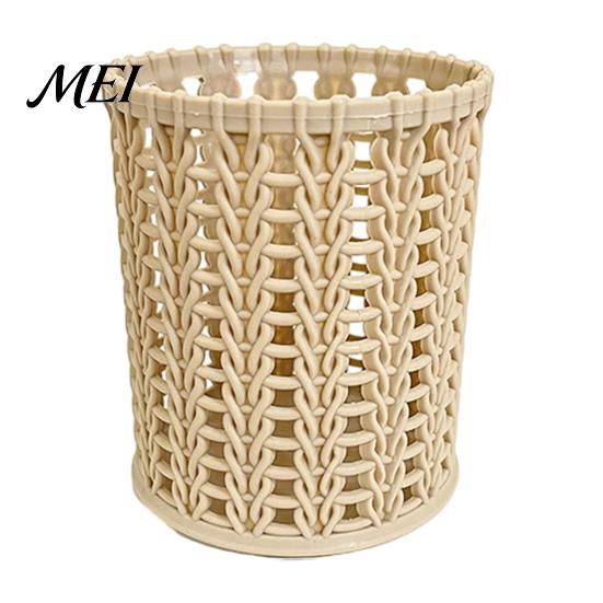 Pen Holder Imitation Rattan Holder, Round Hollow Desk Organizer, Large Capacity Pencil And Gadget Cup for Pens Pencils Makeup Brushes, Nordic