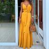 Women's Long Skirt Fashion Sexy and Ankle Bohemian Personality Button V-neck Stitching Strap Dress