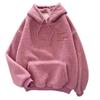Fleece Pullover Top Warm Loose Women Long Sleeves Thick Drawstring Cuff Elastic Letter Patch Pocket Embroidery Fall