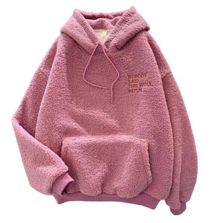 

Loose Women Warm Fleece Hoodie Long Sleeves Thick Pullover Top Fall Elastic Cuff Letter Embroidery Drawstring Patch Pocket S розовый