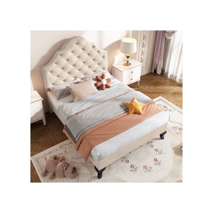 Lit Capitonné - MUVOE - 90x200 Cm - Velours Beige - Tête De Lit Réglable - 1 Place