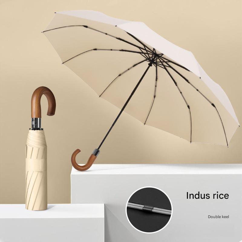 Fully Automatic Curved Hook Wooden Handle Umbrella Enlarged Thickened Black Glue Three-fold Wind Rain Resistan Business Umbrella