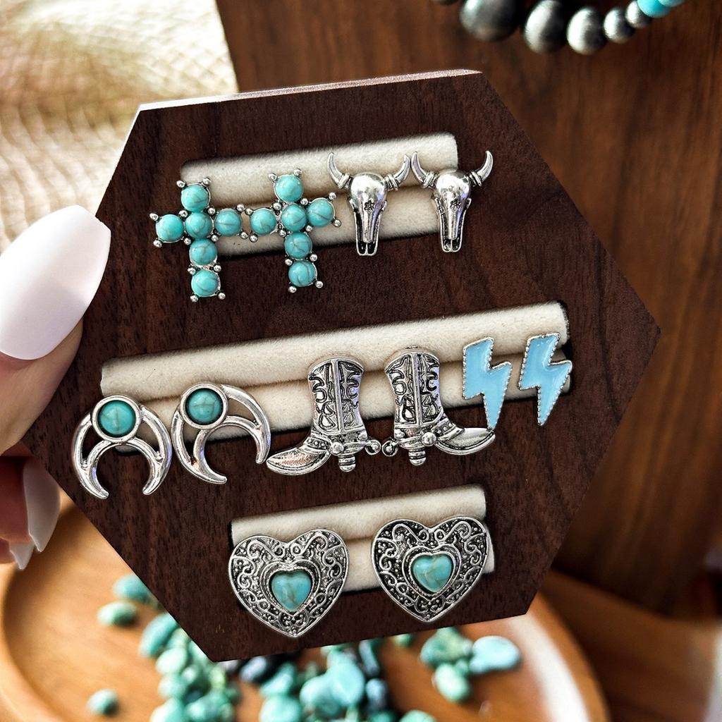 Western Denim Turquoise Earrings, Retro Ethnic Turquoise Flower Bull's Head Horse Love Carved Stud Earrings Women
