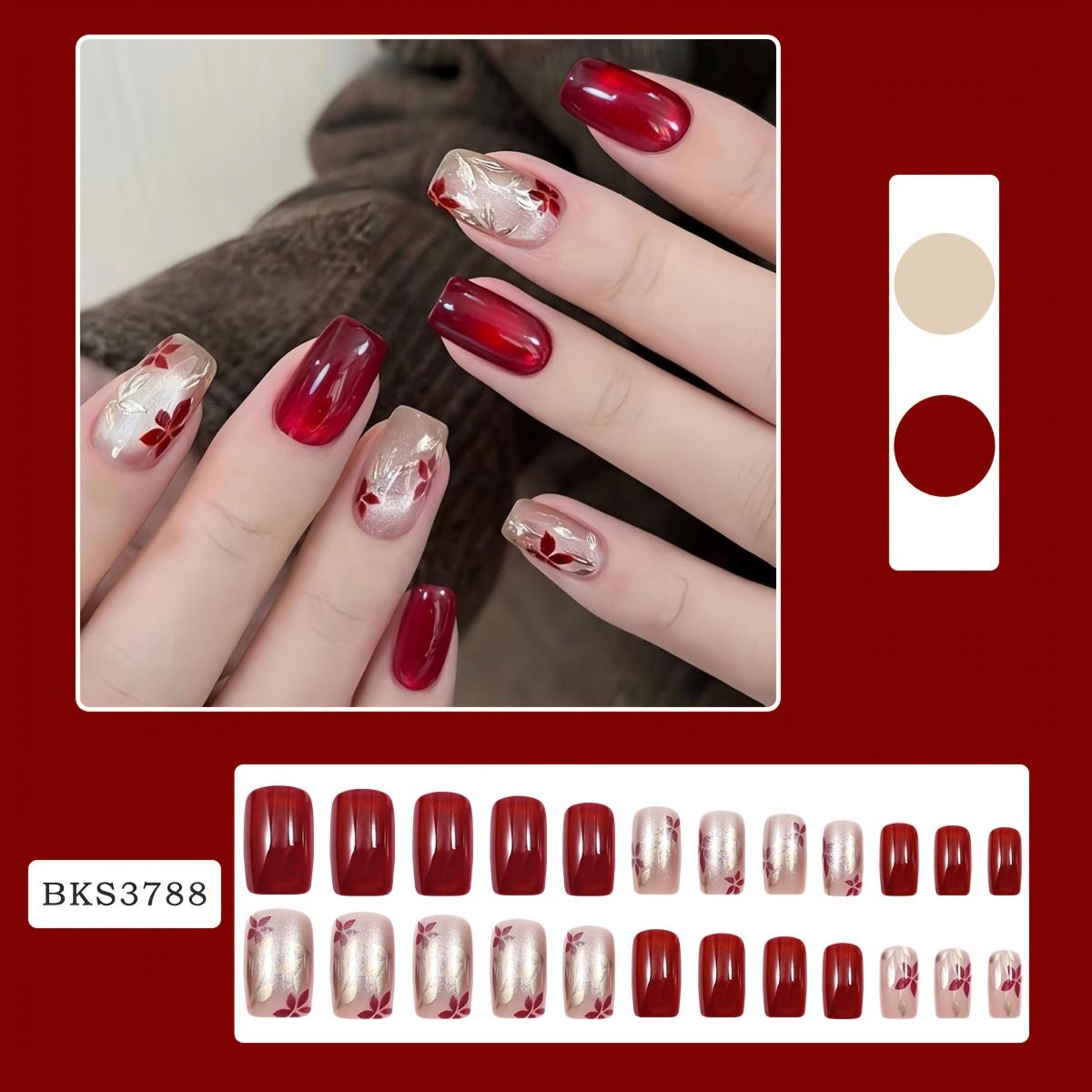 24pcs Red Floral Press on Nails Shiny Glossy Red False Nails, Sparkling Leaf Pattern Short Square Nail Art Red Press-On Nails