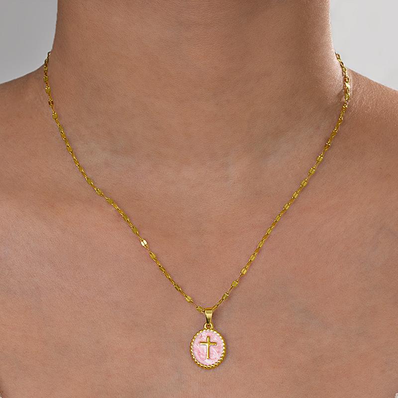 Stainless Steel Cross Pendant Necklace for Women Men Simple Round Colorful Drop Oil Necklace Vintage Punk Versatile Jewelry Gift
