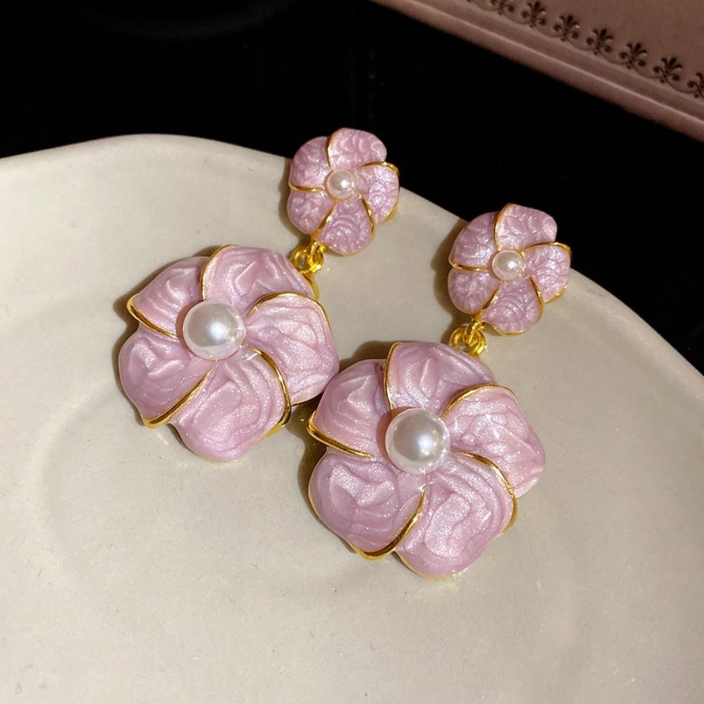 Purple Floral Dangle Earrings Pearl Ear Jewelry Elegant Camellia Flower Earrings Female