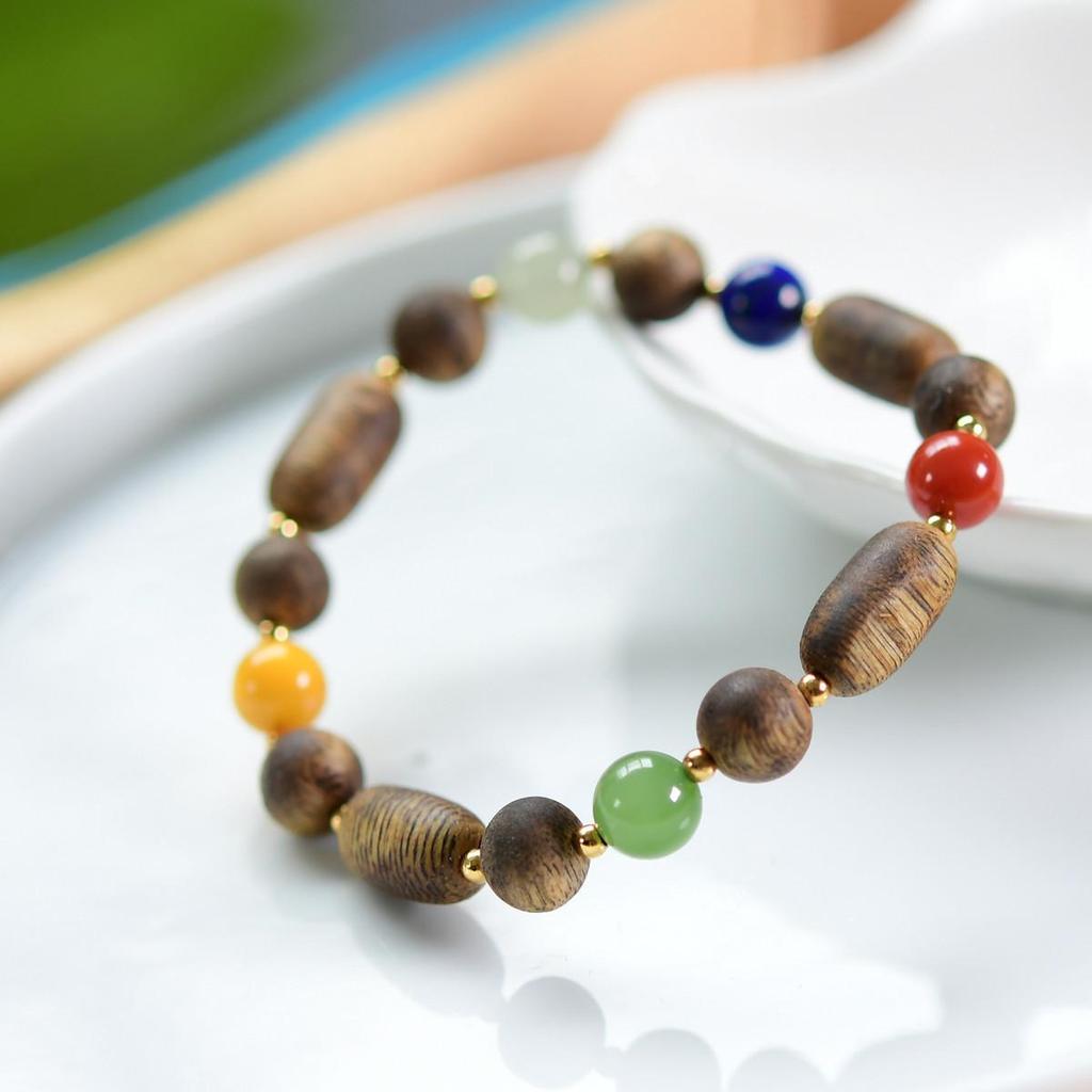 New Chinese Style Agarwood, Hetian Jade, Red Agate, Amber, Lapis Lazuli Multi-Gemstone Bracelet (Oil-Free)