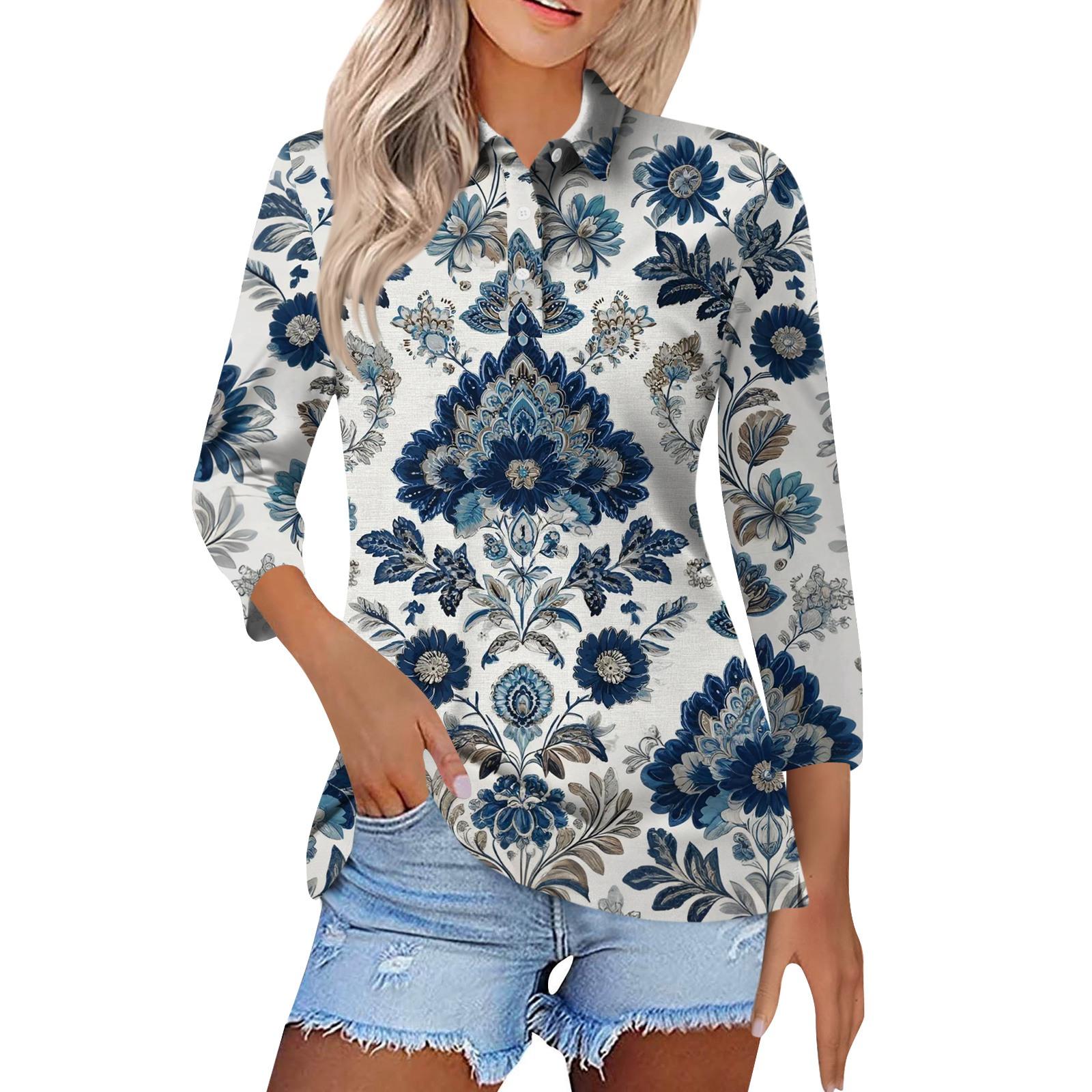

Women s Fashion Casual Lapel Short 3/4 Sleeve Print Shirt Women s Button Up Tops L синій