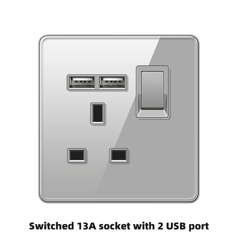 Deluxe Grey Tempered Glass Panel UK 13A Plug Electrical Socket, Double 5 Pin Socket and Switch, EU Universal USB C Wall Socket