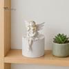 Small Angel Figurine Resin Figurine, Half Body Winged Fairy Sculpture with Gold Trim, Matte Warm White Decor Desk for Bedroom Shelf Gift Women
